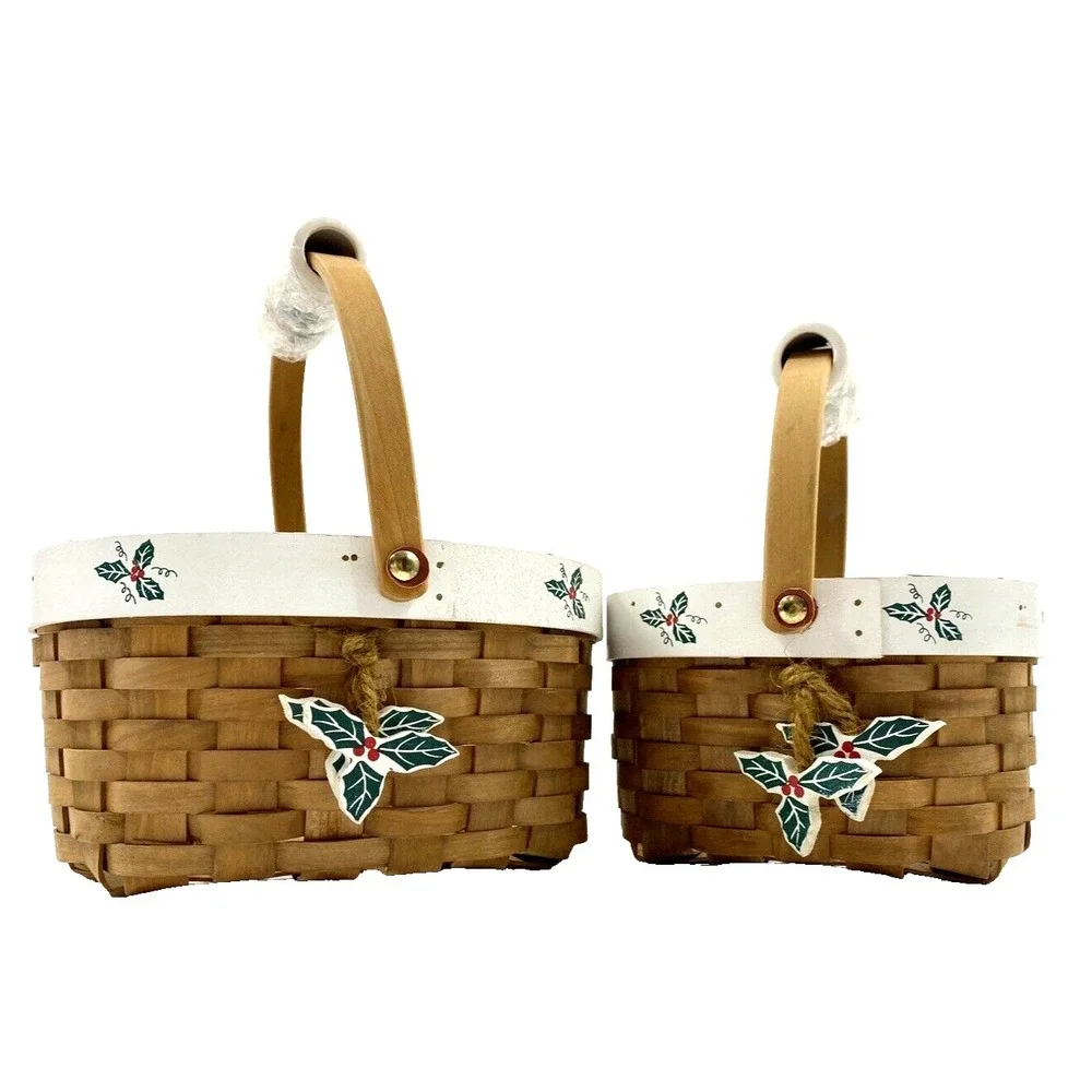 Wooden Woven Holiday Christmas Oval Baskets Porcelain Handle & Holly Leaves NEW